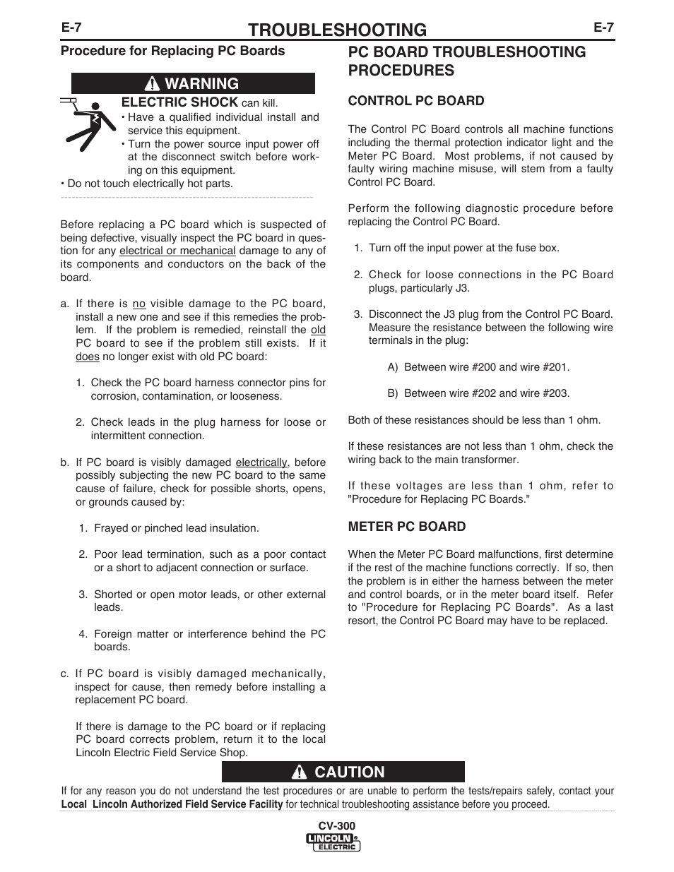 Troubleshooting, Caution, Warning pc board troubleshooting procedures | Lincoln Electric IM500 IDEALARC CV-300 User Manual | Page 26 / 43