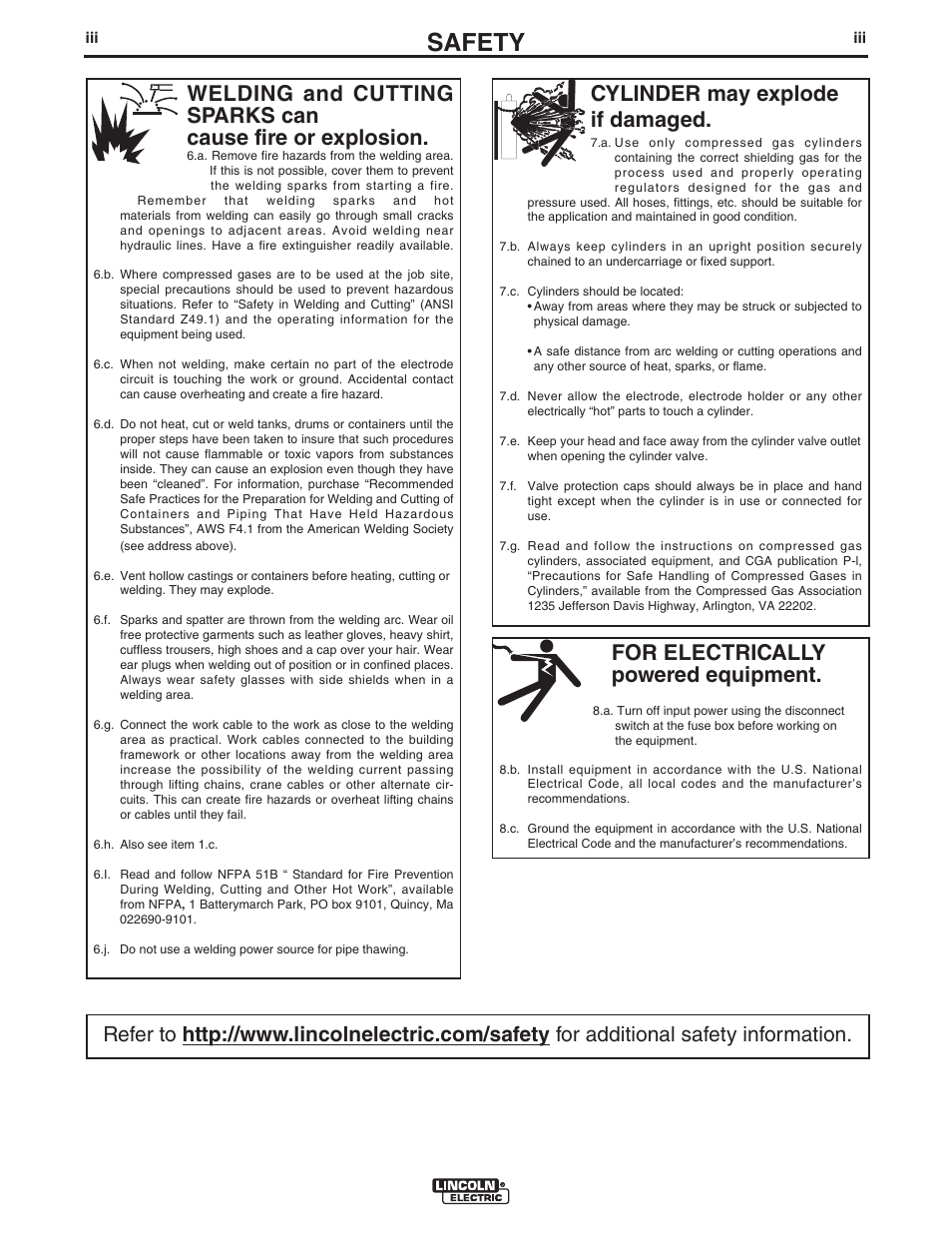 Safety, For electrically powered equipment, Cylinder may explode if damaged | Lincoln Electric IM500 IDEALARC CV-300 User Manual | Page 4 / 43