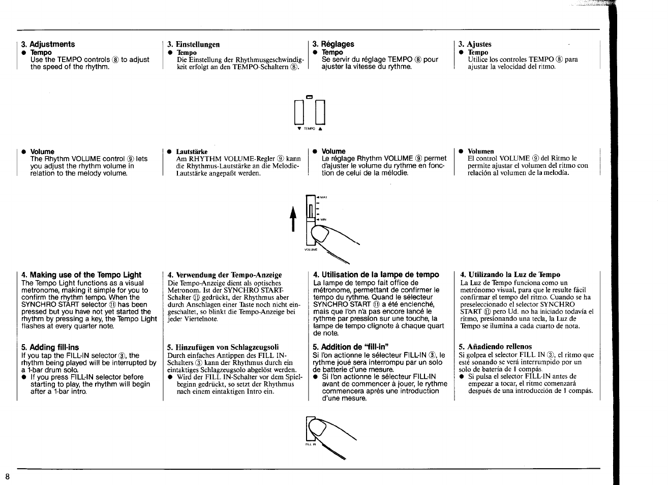 Verwendung der tempo-anzeige, Hinzufügen von schlagzeugsoli, Utilizando la luz de tempo | Añadiendo rellenos | Yamaha PSR-12 User Manual | Page 10 / 20