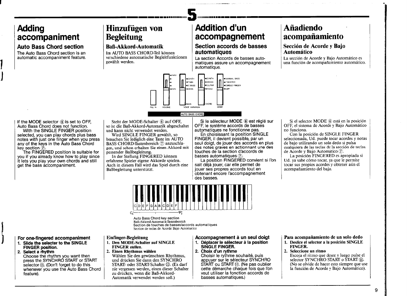 Adding, Accompaniment, Auto bass chord section | Hinzufügen von begleitung, Baß-akkord-automatik, Addition d’un accompagnement, Section accords de basses automatiques, Añadiendo, Acompañamiento, Sección de acorde y bajo automático | Yamaha PSR-12 User Manual | Page 11 / 20
