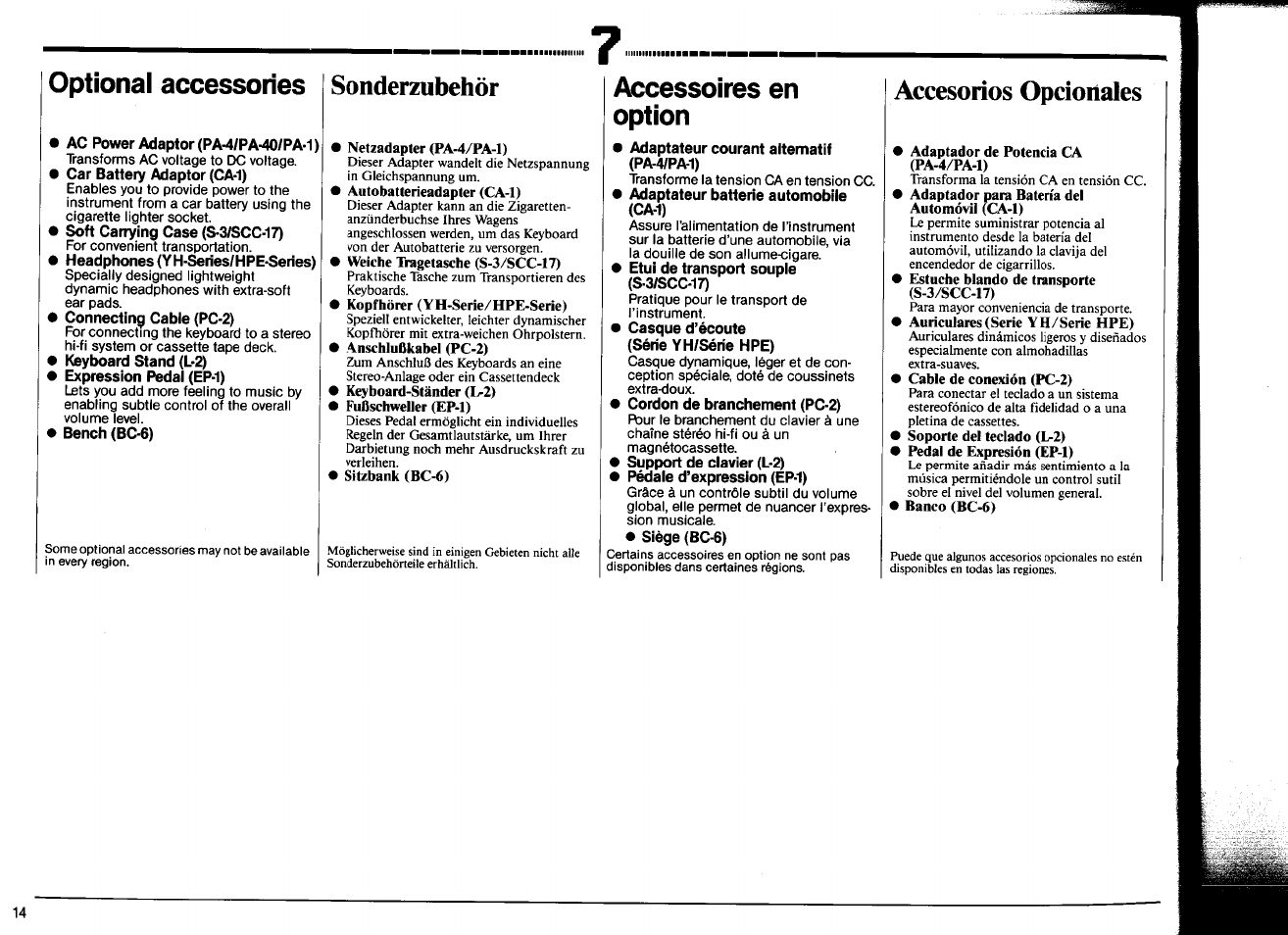 Optional accessories, Ac power adaptor (pa-4/pa-40/pa-1), Car battery adaptor (ca-1) | Soft carrying case (s-3/scc-17), Connecting cable (pc-2), 0 keyboard stand (l-2), Expression pedal (ep-1), Bench (bc-6), Sonderzubehör, Netzadapter (pa-4/pa-1) | Yamaha PSR-12 User Manual | Page 16 / 20