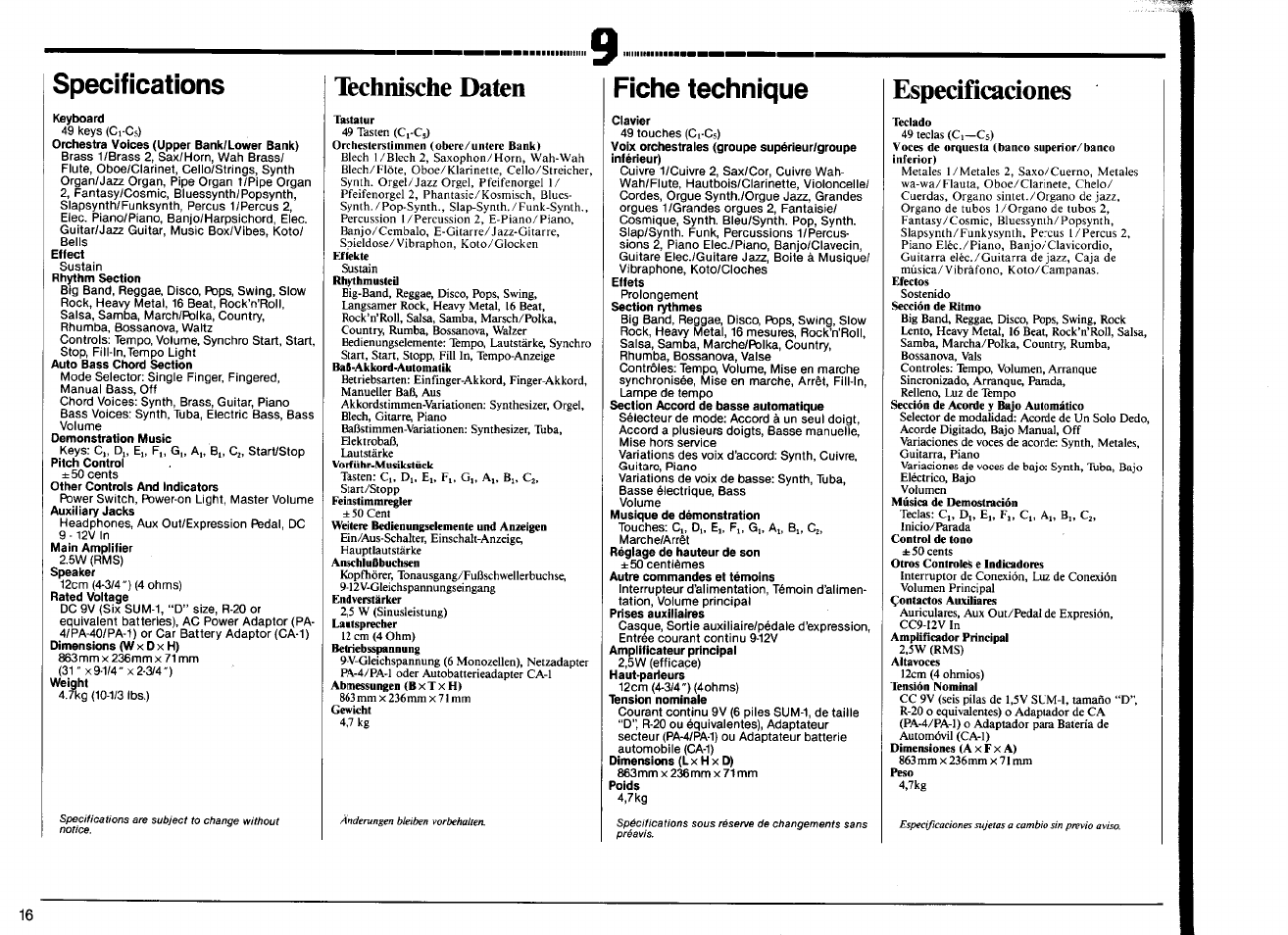 Specifications, Technische daten, Fiche technique | Específícaciones | Yamaha PSR-12 User Manual | Page 18 / 20