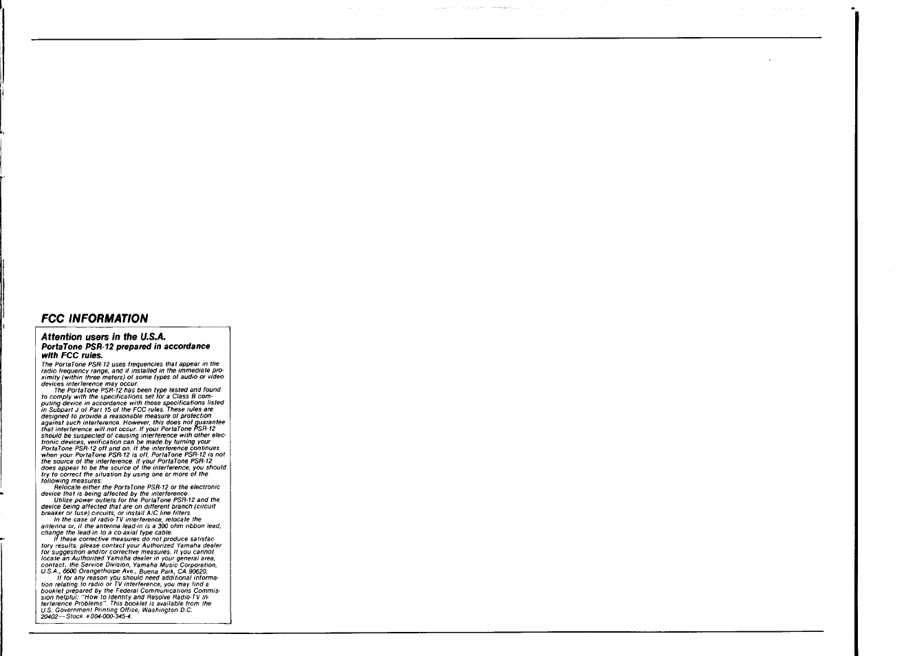 Fcc information | Yamaha PSR-12 User Manual | Page 19 / 20