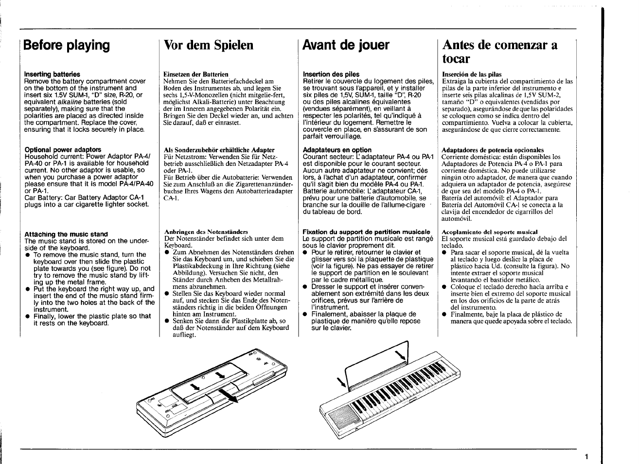 Before playing, Inserting batteries, Optional power adaptors | Attaching the music stand, Vor dem spielen, Avant de jouer, Insertion des piles, Adaptateurs en option, Fixation du support de partition musicale, Antes de comenzar a tocar | Yamaha PSR-12 User Manual | Page 3 / 20