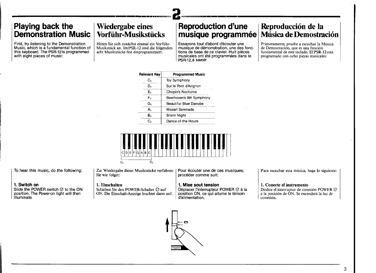 Playing back the demonstration music, Wiedergabe eines vorführ-musikstücks, Reproduction d’une musique programmée | Reproducción de la música de demostración, Switch on, Mise sout tension | Yamaha PSR-12 User Manual | Page 5 / 20