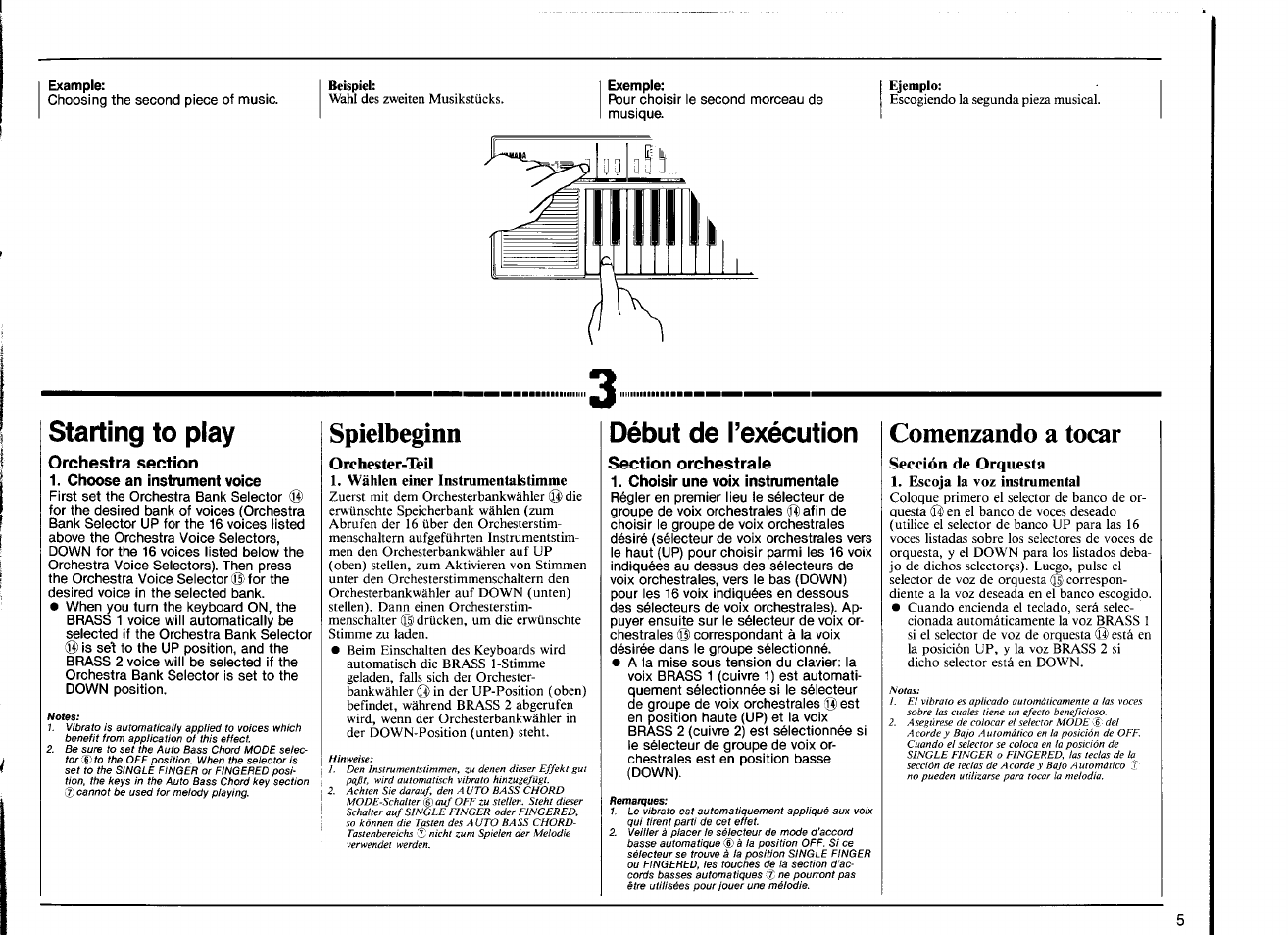 Starting to play, Orchestra section, Choose an instalment voice | Spielbeginn, Orchester-teil, Wählen einer instrumentalstimme, Début de l’exécution, Section orchestrale, Choisir une voix instrumentaie, Comenzando a tocar | Yamaha PSR-12 User Manual | Page 7 / 20