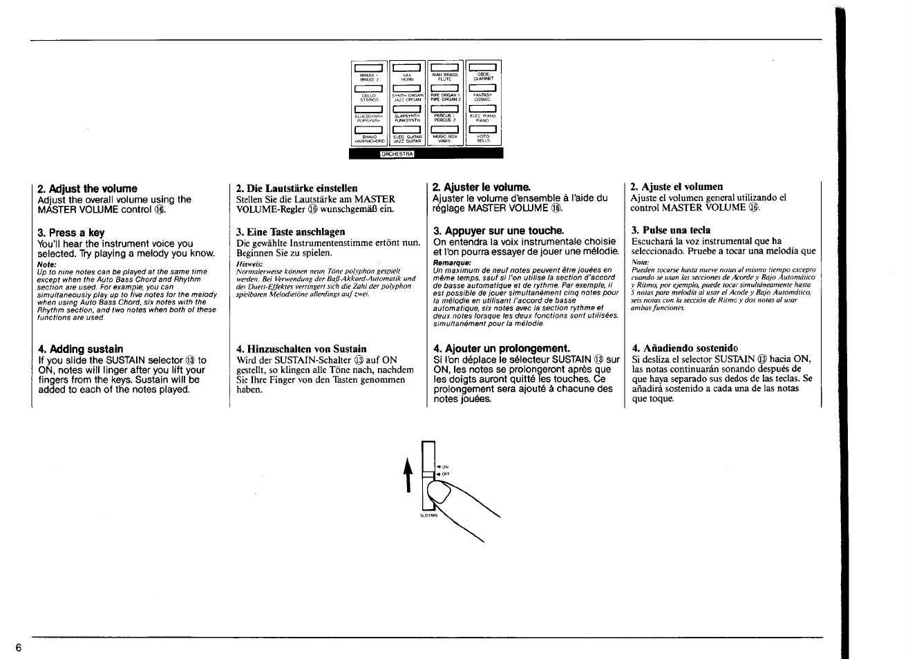 Adjust the volume, Press a key, Adding sustain | Die lautstärke einstellen, Eine taste anschlagen, Hinzuschalten von sustain, Ajuster le volume, Appuyer sur une touche, Ajouter un prolongement, Ajuste el volumen | Yamaha PSR-12 User Manual | Page 8 / 20