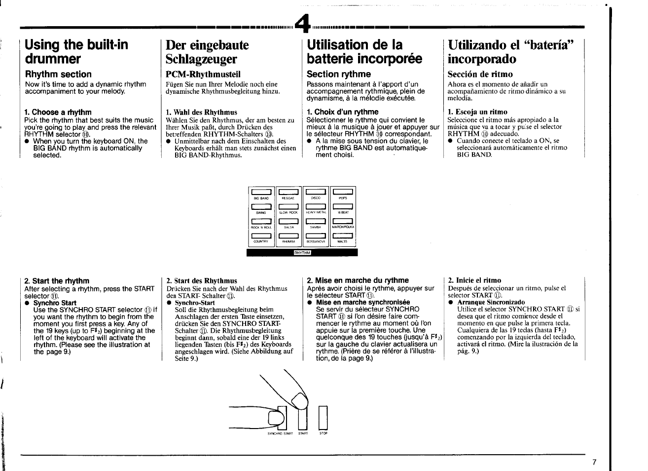 Using the built-in dmmmer, Rhythm section, Choose a rhythm | Der eingebaute schlagzeuger, Pcm-rhythmusteil, Utilisation de la batterie incorporée, Section rythme, Choix d’un rythme, Utilizando el ^^batería” incorporado, Sección de ritmo | Yamaha PSR-12 User Manual | Page 9 / 20