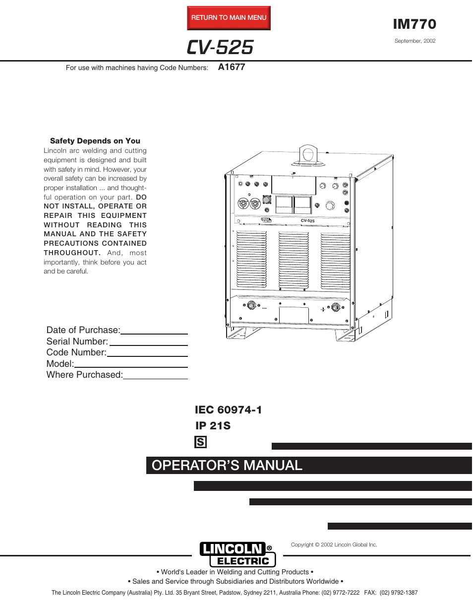 Lincoln Electric IM770 IDEALARC CV-525 User Manual | 36 pages