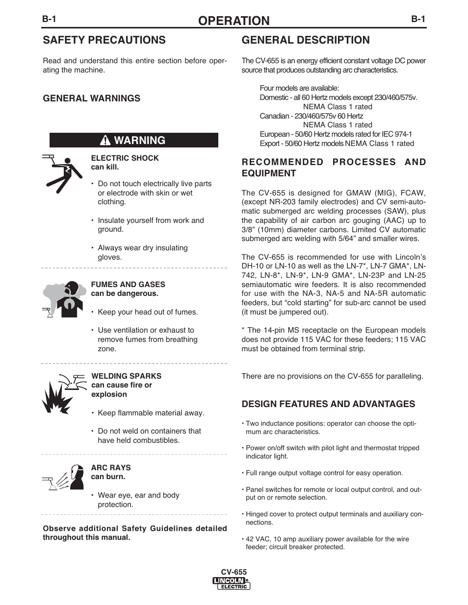 Operation, General description, Safety precautions | Warning | Lincoln Electric IM570 IDEALARC CV-655 User Manual | Page 17 / 47