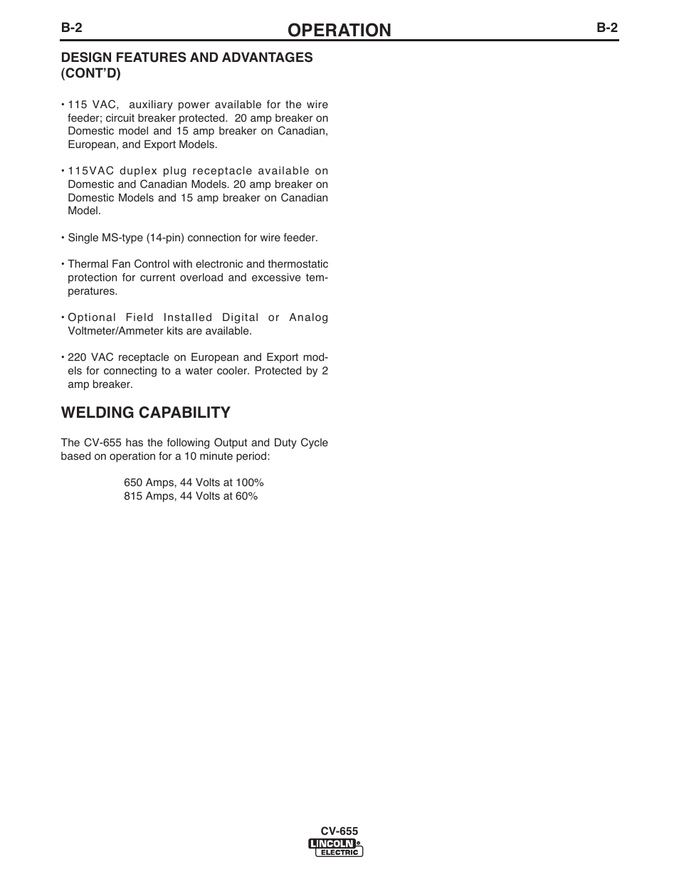 Operation, Welding capability | Lincoln Electric IM570 IDEALARC CV-655 User Manual | Page 18 / 47