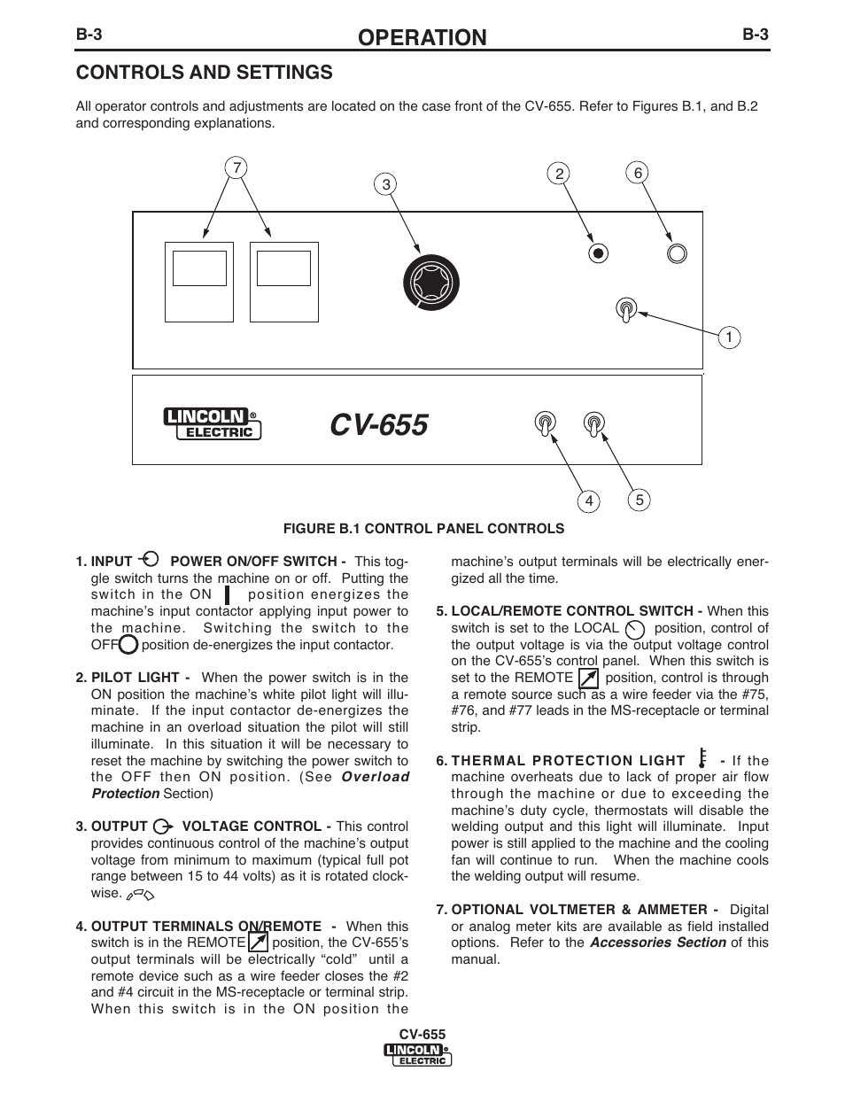 Cv-655, Operation, Controls and settings | Lincoln Electric IM570 IDEALARC CV-655 User Manual | Page 19 / 47