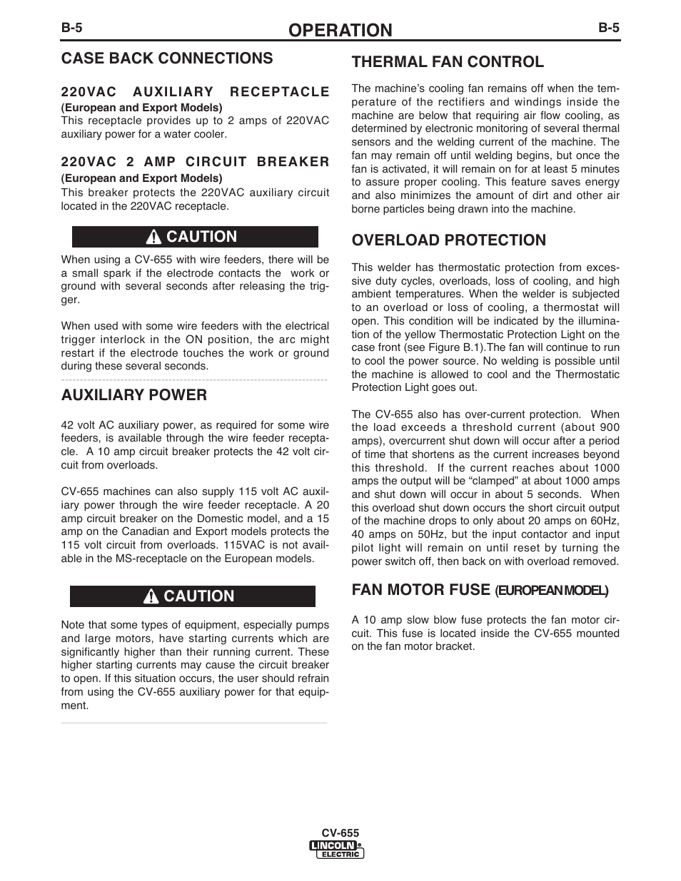 Operation, Case back connections, Auxiliary power | Caution thermal fan control, Overload protection, Fan motor fuse, Caution | Lincoln Electric IM570 IDEALARC CV-655 User Manual | Page 21 / 47