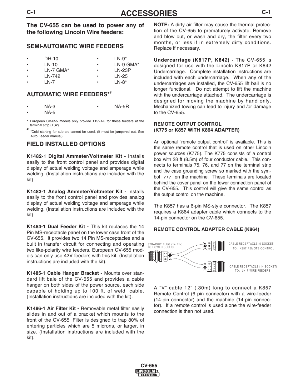 Accessories, Automatic wire feeders, Field installed options | Lincoln Electric IM570 IDEALARC CV-655 User Manual | Page 22 / 47