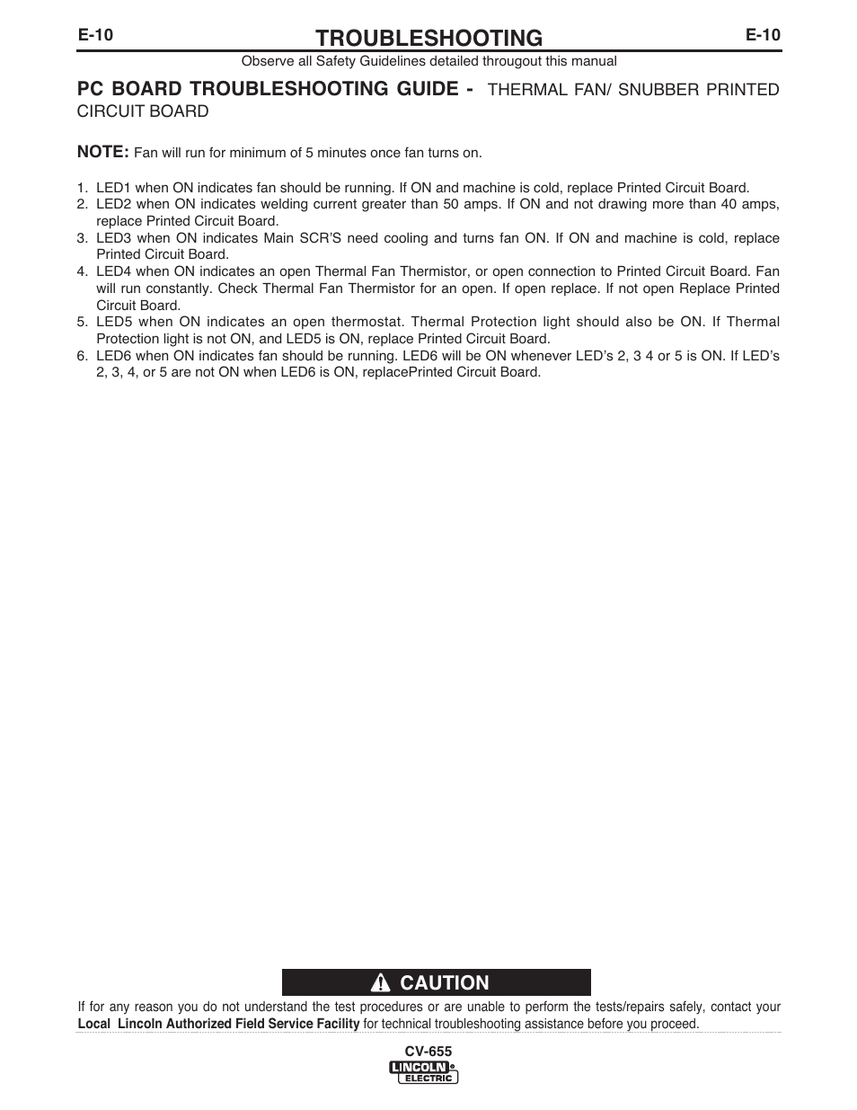 Troubleshooting, Caution pc board troubleshooting guide | Lincoln Electric IM570 IDEALARC CV-655 User Manual | Page 33 / 47