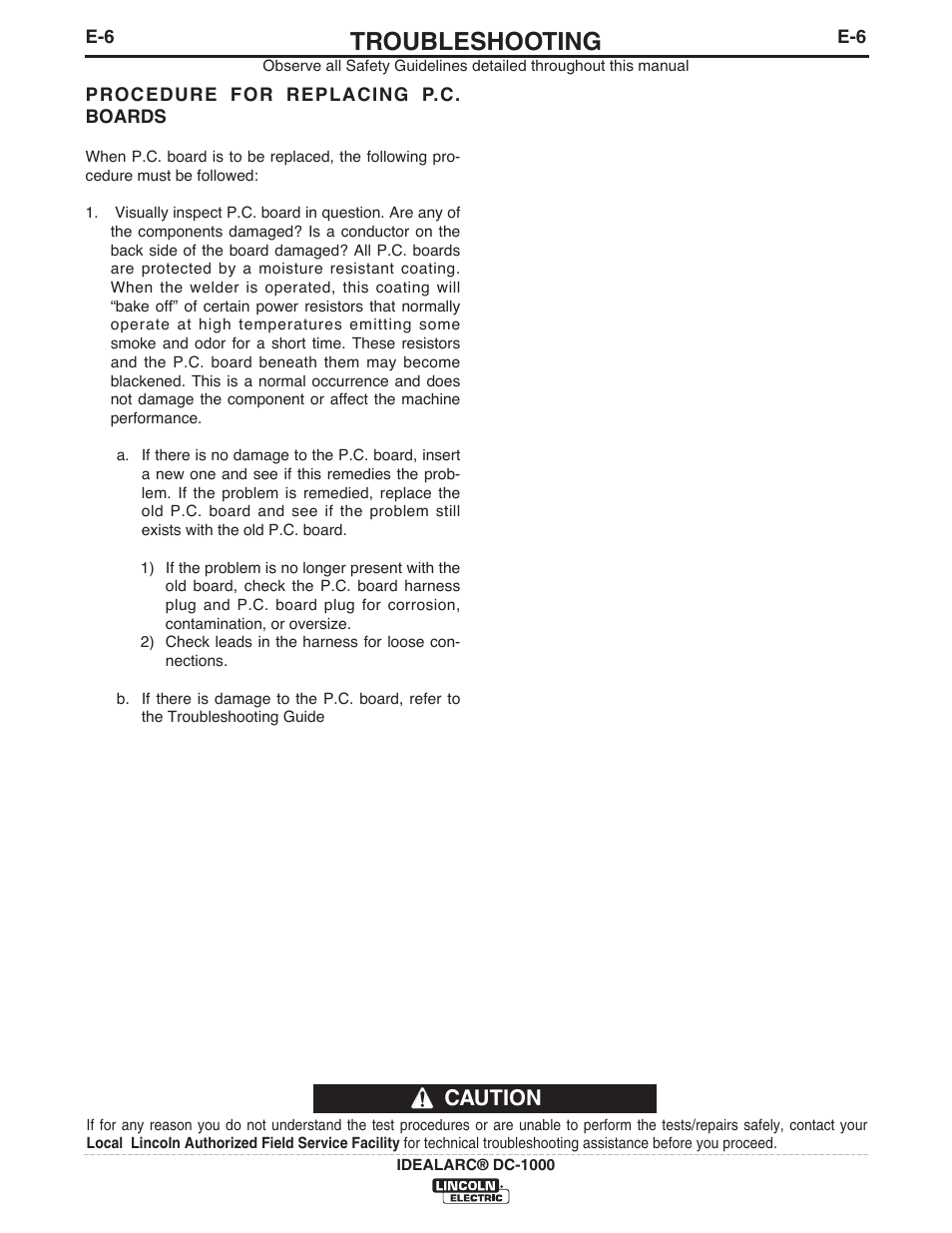 Troubleshooting, Caution | Lincoln Electric IM420 IDEALARC DC-1000 User Manual | Page 22 / 34