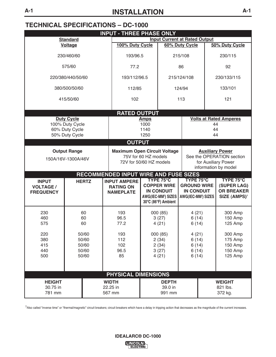 Installation, Technical specifications – dc-1000 | Lincoln Electric IM420 IDEALARC DC-1000 User Manual | Page 8 / 34