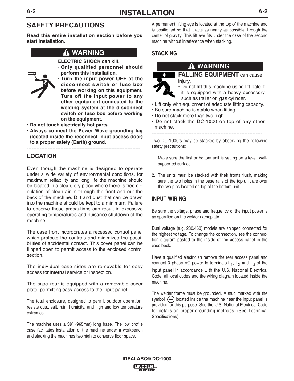 Installation, Safety precautions, Warning | Lincoln Electric IM420 IDEALARC DC-1000 User Manual | Page 9 / 34