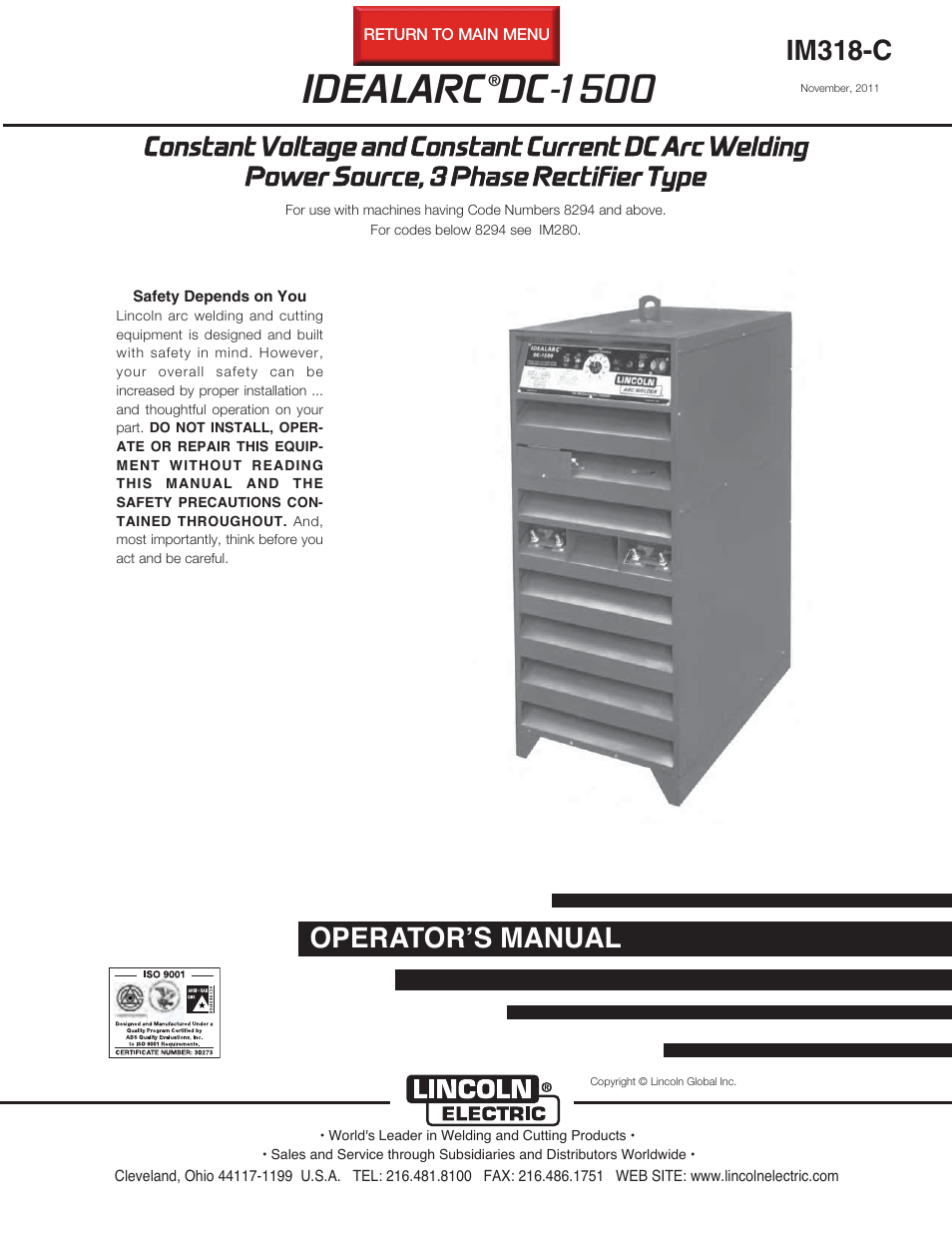 Lincoln Electric IM318 IDEALARC DC1500 User Manual | 27 pages