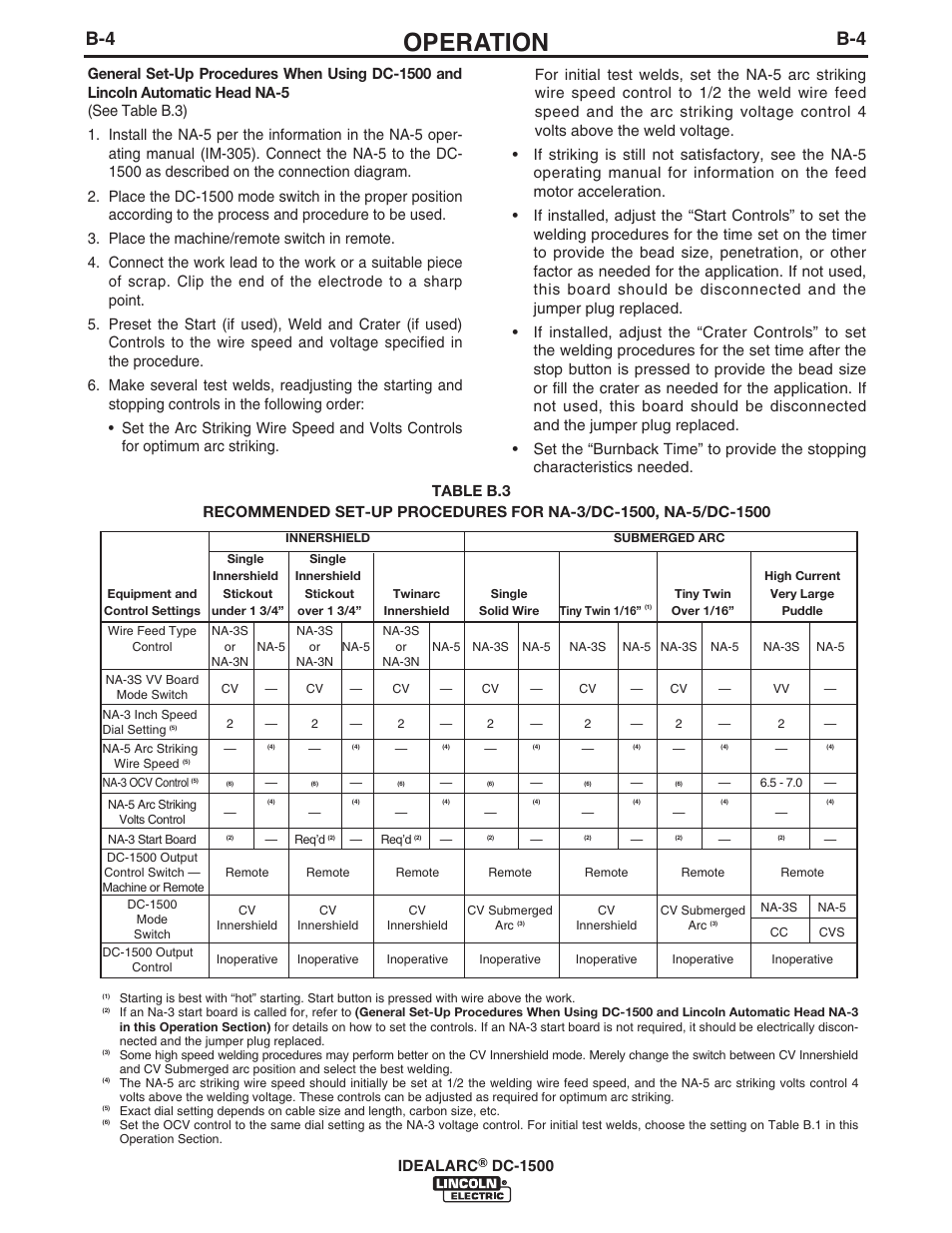 Operation, Idealarc, Dc-1500 | Table b.3 | Lincoln Electric IM318 IDEALARC DC1500 User Manual | Page 13 / 27