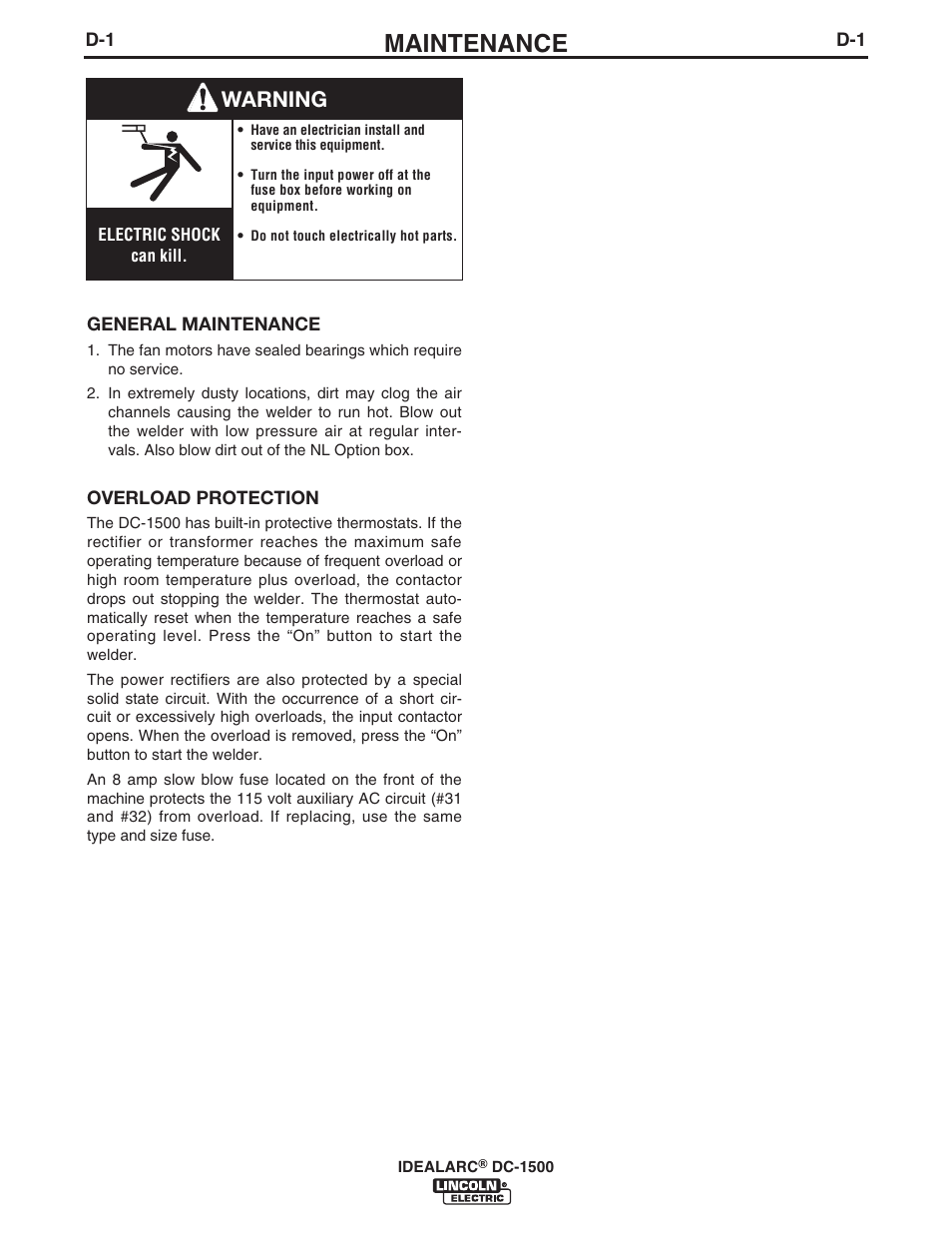 Maintenance, Warning | Lincoln Electric IM318 IDEALARC DC1500 User Manual | Page 16 / 27