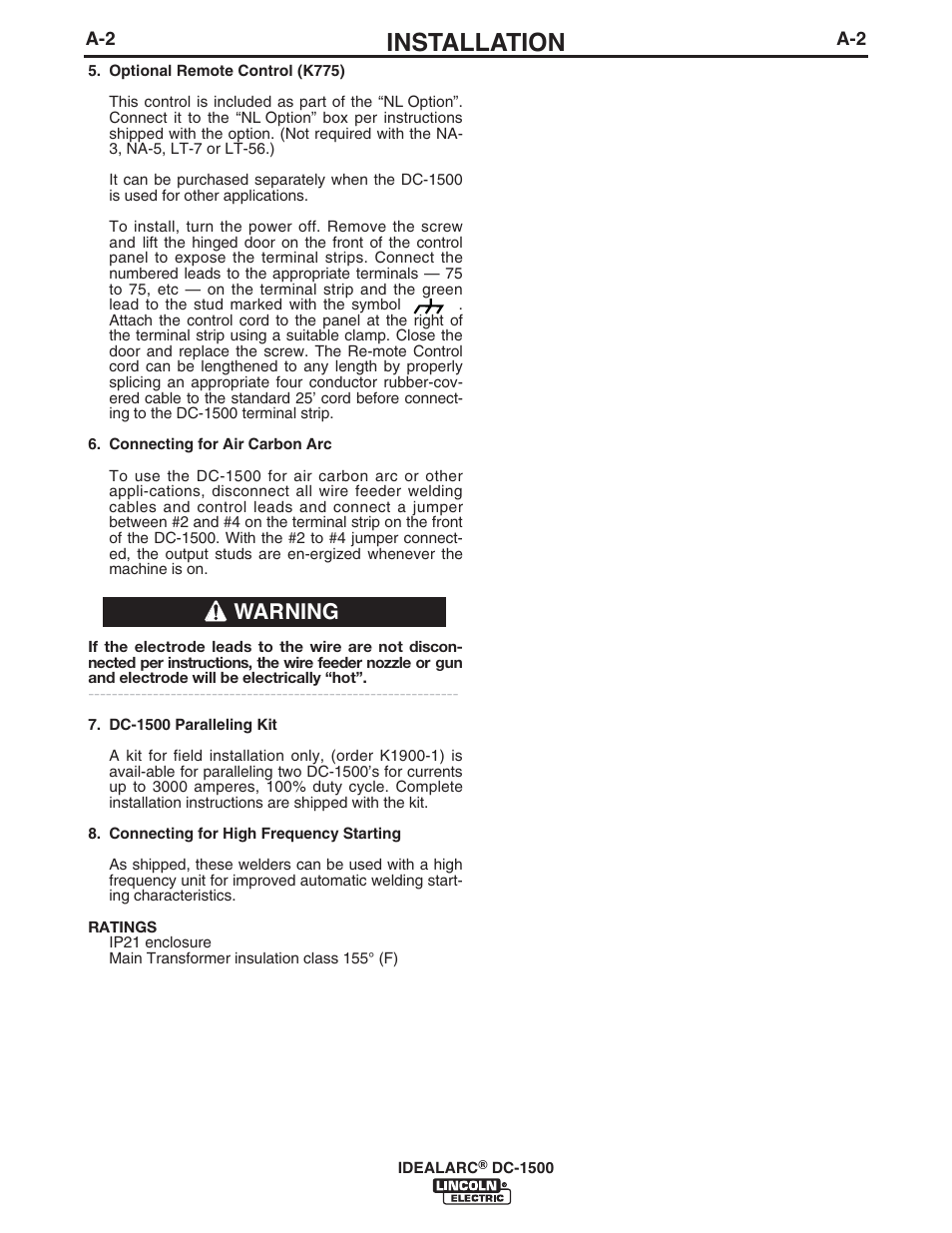 Installation, Warning | Lincoln Electric IM318 IDEALARC DC1500 User Manual | Page 9 / 27