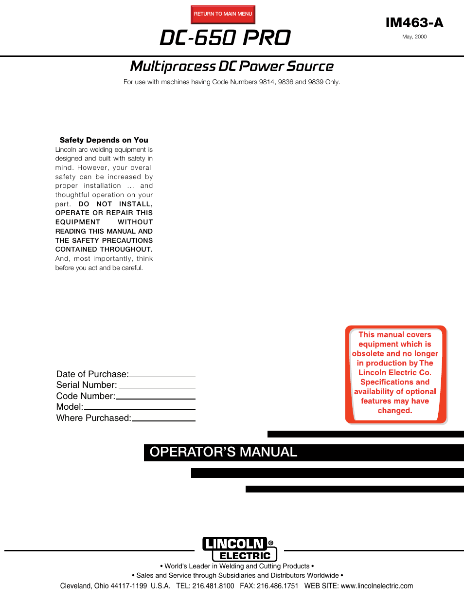 Lincoln Electric IM463 IDEALARC DC-650 Pro User Manual | 34 pages
