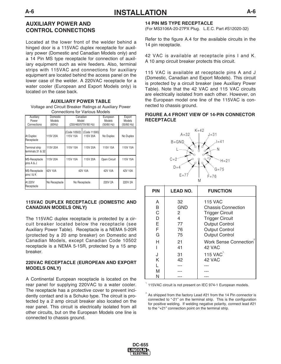 Installation, Auxiliary power and control connections | Lincoln Electric IM602 IDEALARC DC-655 User Manual | Page 15 / 49