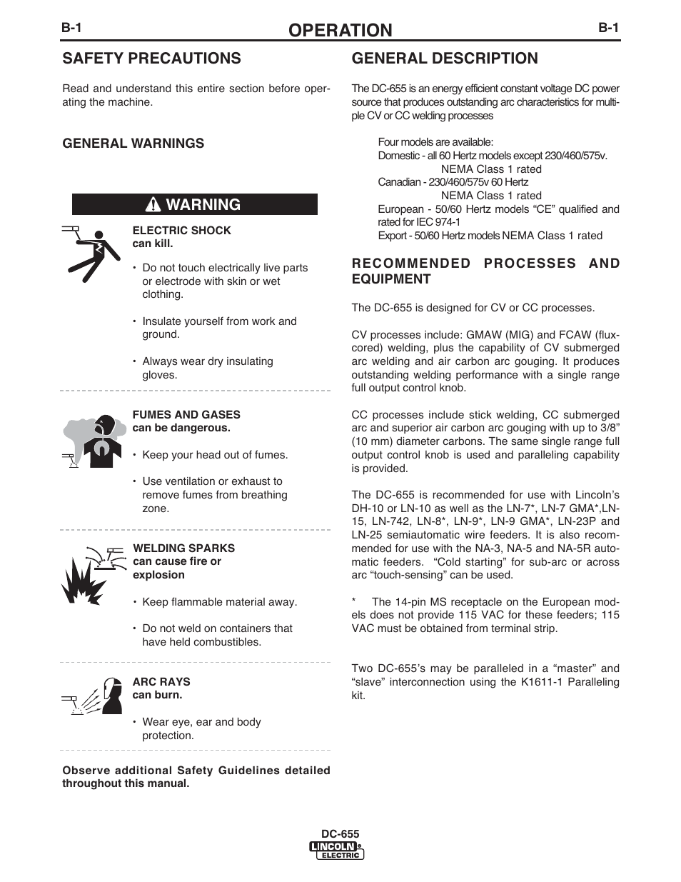 Operation, General description, Safety precautions | Warning | Lincoln Electric IM602 IDEALARC DC-655 User Manual | Page 17 / 49