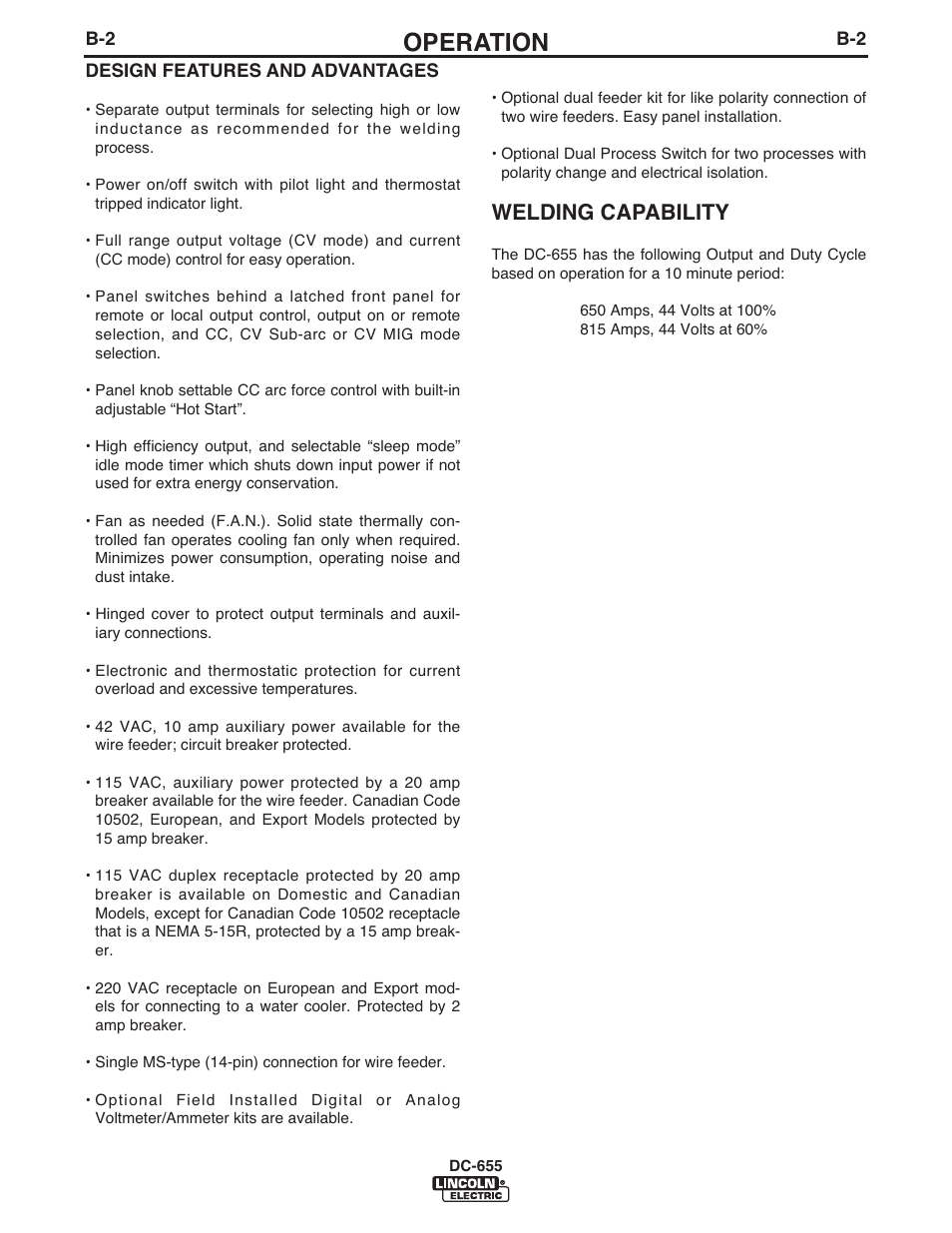 Operation, Welding capability | Lincoln Electric IM602 IDEALARC DC-655 User Manual | Page 18 / 49