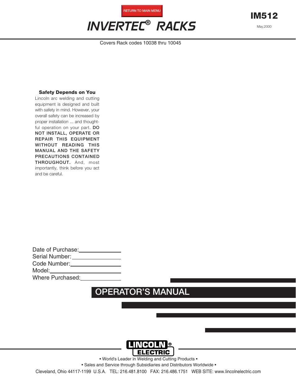 Lincoln Electric IM512 INVERTEC RACKS User Manual | 32 pages