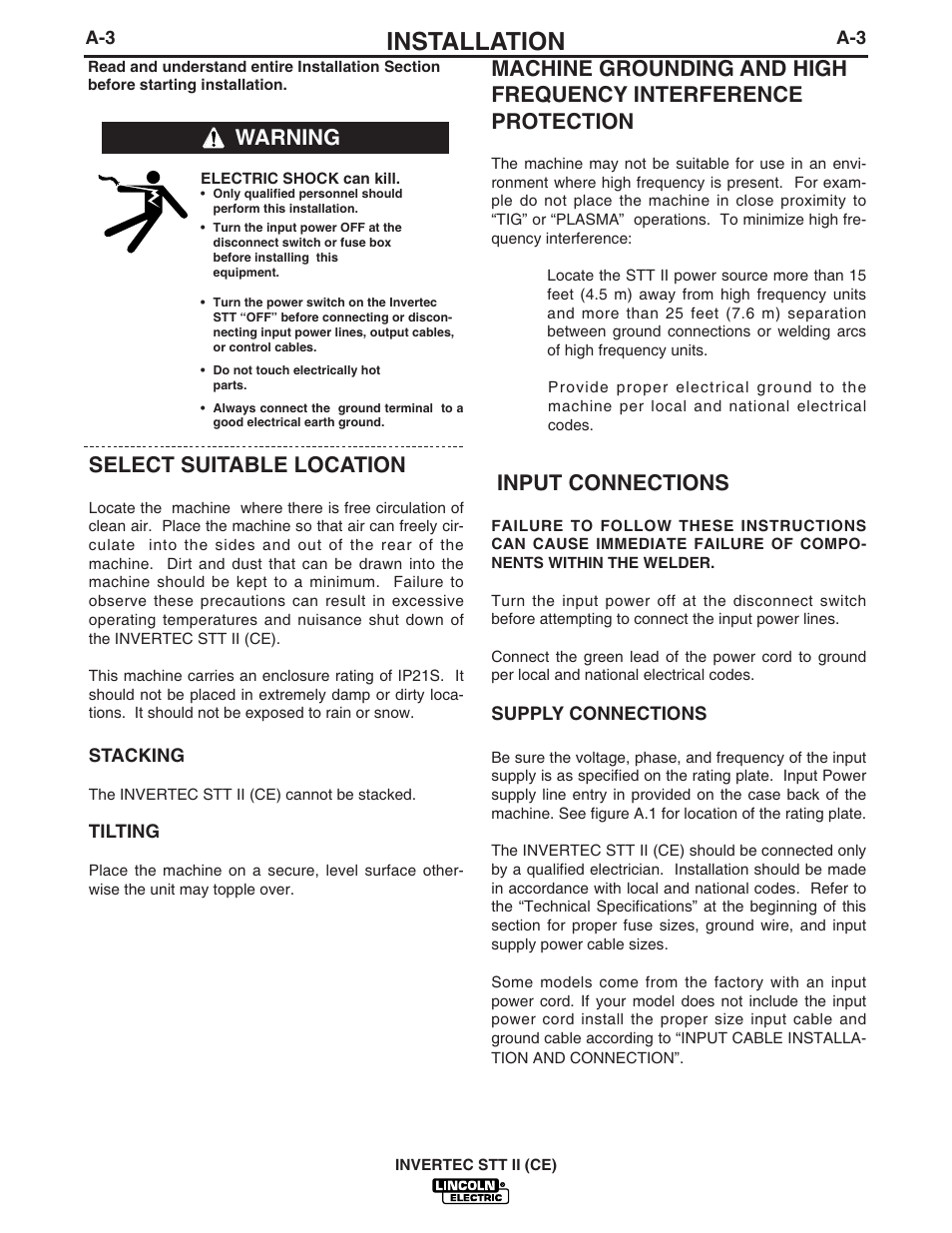 Installation, Input connections, Select suitable location | Lincoln Electric IM904 INVERTEC STT II User Manual | Page 10 / 38