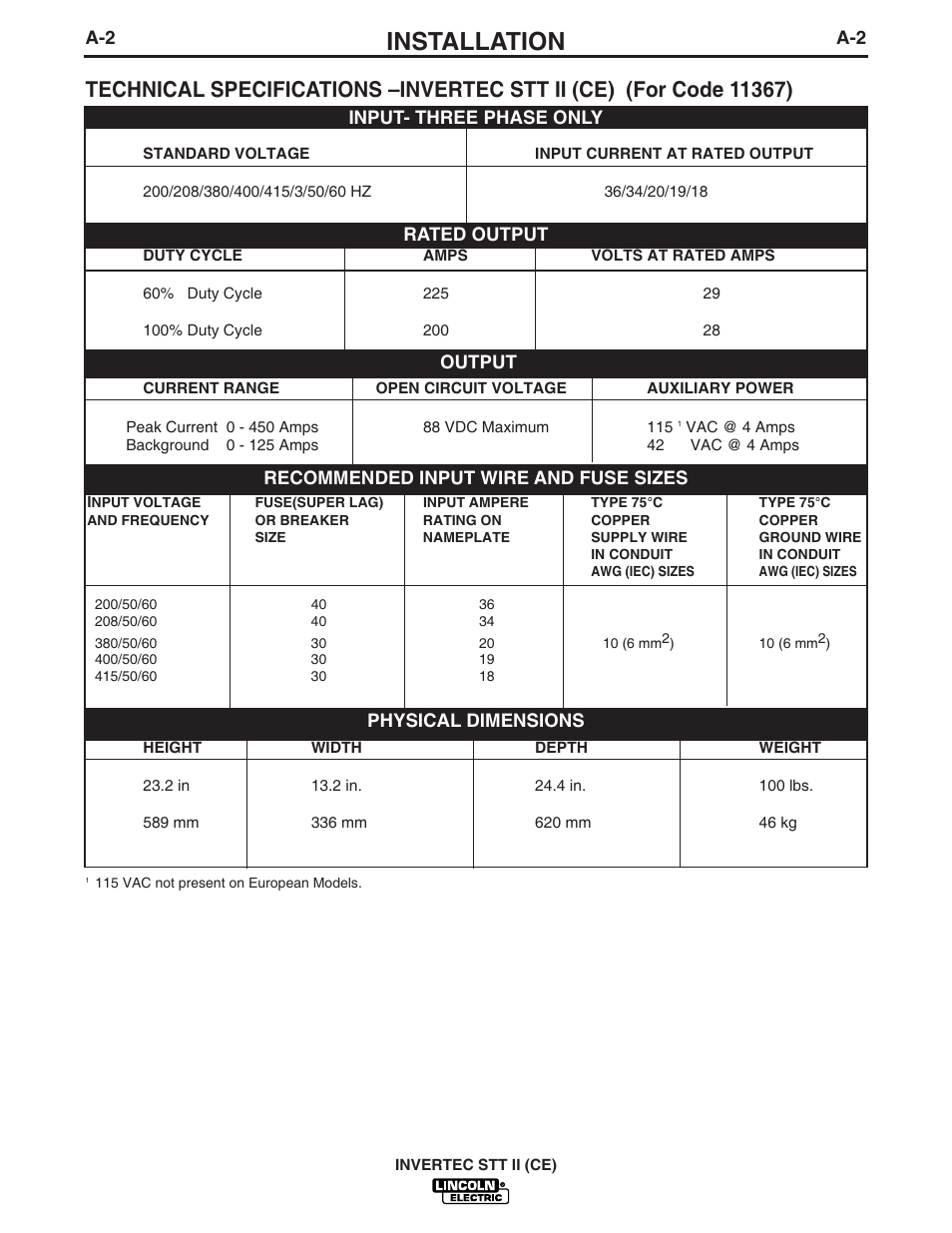 Installation | Lincoln Electric IM904 INVERTEC STT II User Manual | Page 9 / 38