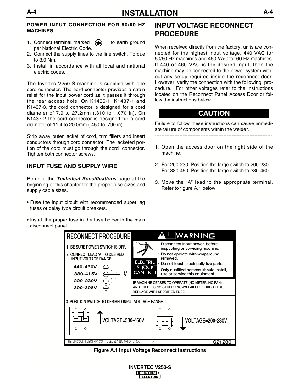 Installation, Input voltage reconnect procedure, Caution | Input fuse and supply wire, Reconnect procedure | Lincoln Electric IM490 INVERTEC V250-S User Manual | Page 11 / 37