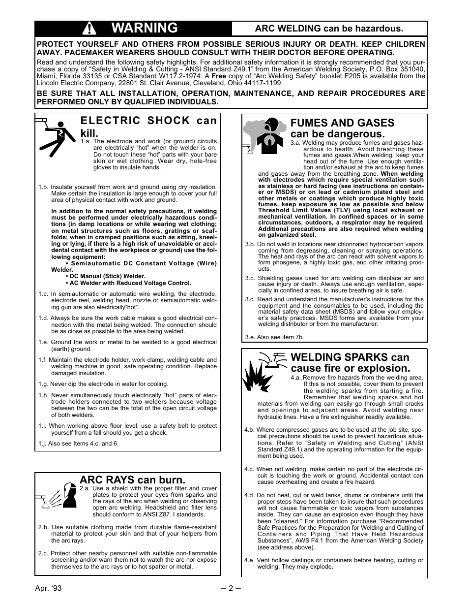 Warning, Welding sparks can cause fire or explosion, Arc rays can burn | Electric shock can kill, Fumes and gases can be dangerous, Arc welding can be hazardous | Lincoln Electric IM526 INVERTEC V300-Pro User Manual | Page 2 / 40