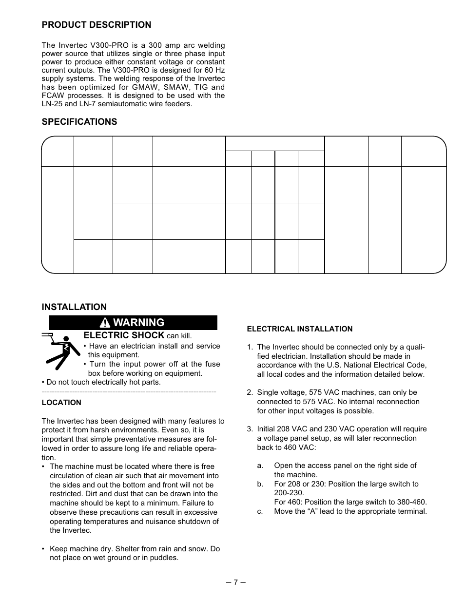 Warning, Product description, Specifications | Installation electric shock | Lincoln Electric IM526 INVERTEC V300-Pro User Manual | Page 7 / 40