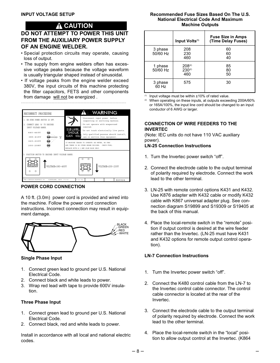 Caution | Lincoln Electric IM526 INVERTEC V300-Pro User Manual | Page 8 / 40