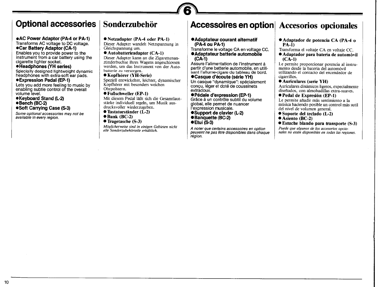 Optional accessories, Ac power adaptor (pa-4 or pa-1), Car battery adaptor (ca-1) | Keyboard stand (l-2), Bench (bc-2), Soft carrying case (s-3), Accessoires en option, Adaptateur courant alternatif (pa-4 ou pa-1), Pédale d’expression (ep-1), Support de clavier (l-2) | Yamaha PSR-15 User Manual | Page 12 / 16