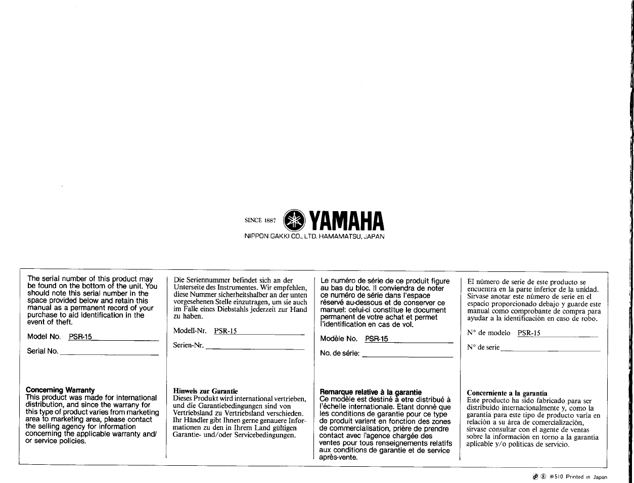 0 yamaha | Yamaha PSR-15 User Manual | Page 16 / 16