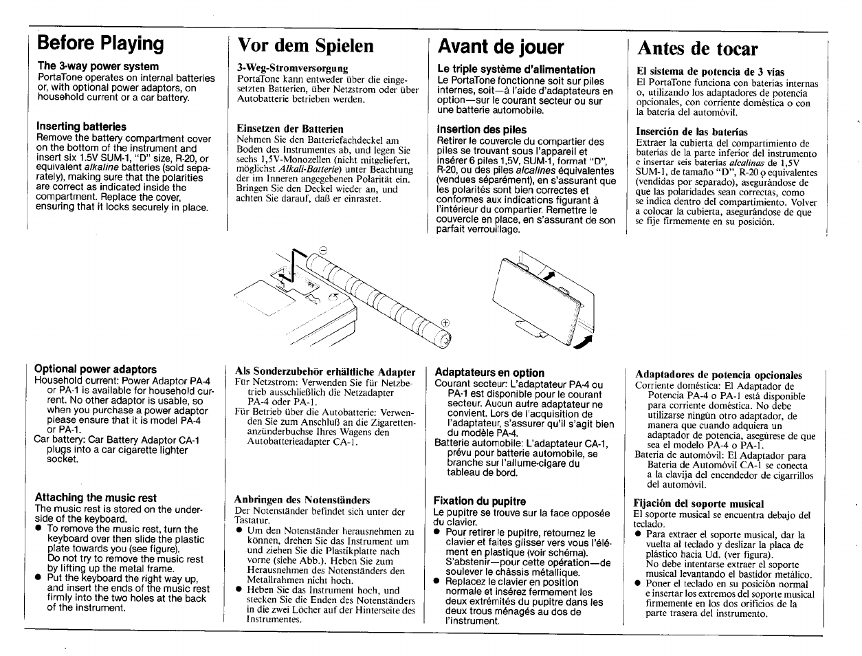 Before playing, The 3-way power system, Inserting batteries | Vor dem spielen, Avant de jouer, Le triple système d’alimentation, Insertion des piles, Antes de tocar, Optional power adaptors, Attaching the music rest | Yamaha PSR-15 User Manual | Page 2 / 16