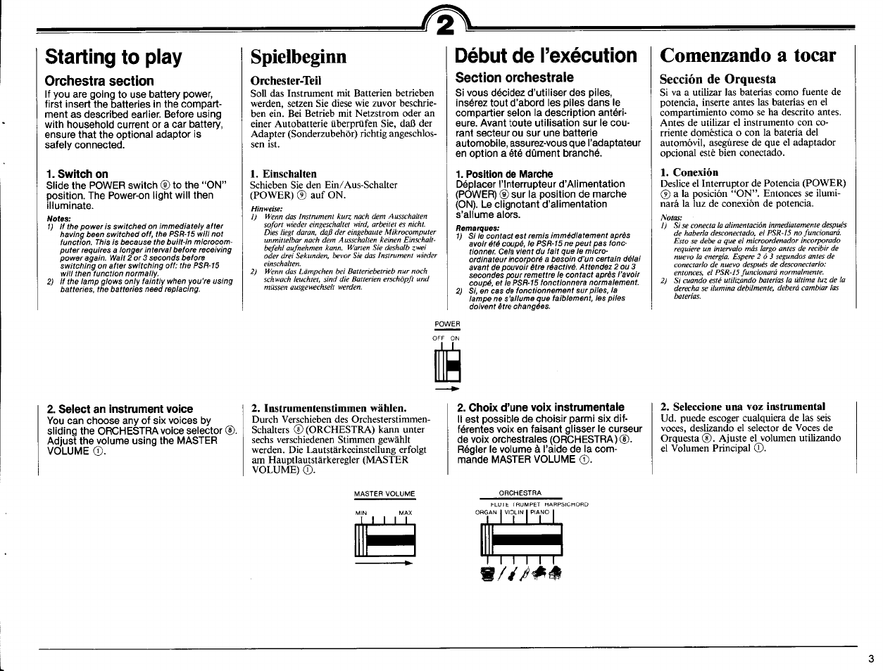 Orchestra section, Switch on, Spielbeginn | Orchester-teil, Début de l’exécution, Section orchestrale, Position de marche, Comenzando a tocar, Sección de orquesta, Select an instrument voice | Yamaha PSR-15 User Manual | Page 5 / 16