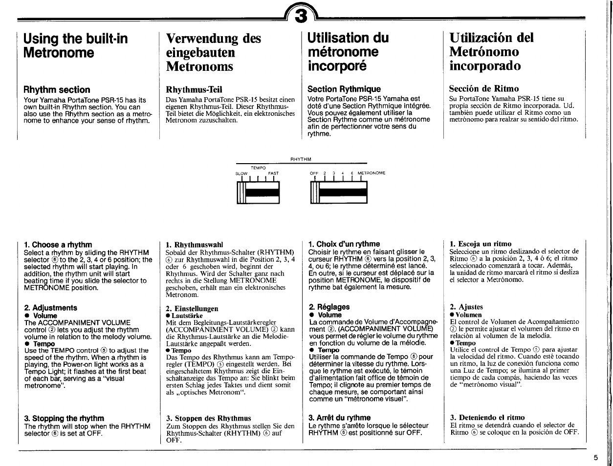 Using the built-in metronome, Rhythm section, Verwendung des | Eingebauten, Metronoms, Rhythmus-teil, Utilisation du, Métronome, Incorporé, Utilización del | Yamaha PSR-15 User Manual | Page 7 / 16