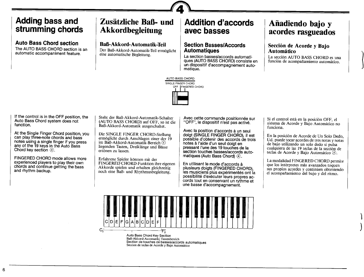 Adding bass and strumming chords, Auto bass chord section, Zusätzliche baß- und akkordbegleitung | Baß-akkord-automatik-teii, Addition d’accords avec basses, Section basses/accords automatiques, Añadiendo bajo y acordes rasgueados, Sección de acorde y bajo automático, Auto bass chord section), Baß-akkord-automatik-teil) | Yamaha PSR-15 User Manual | Page 8 / 16