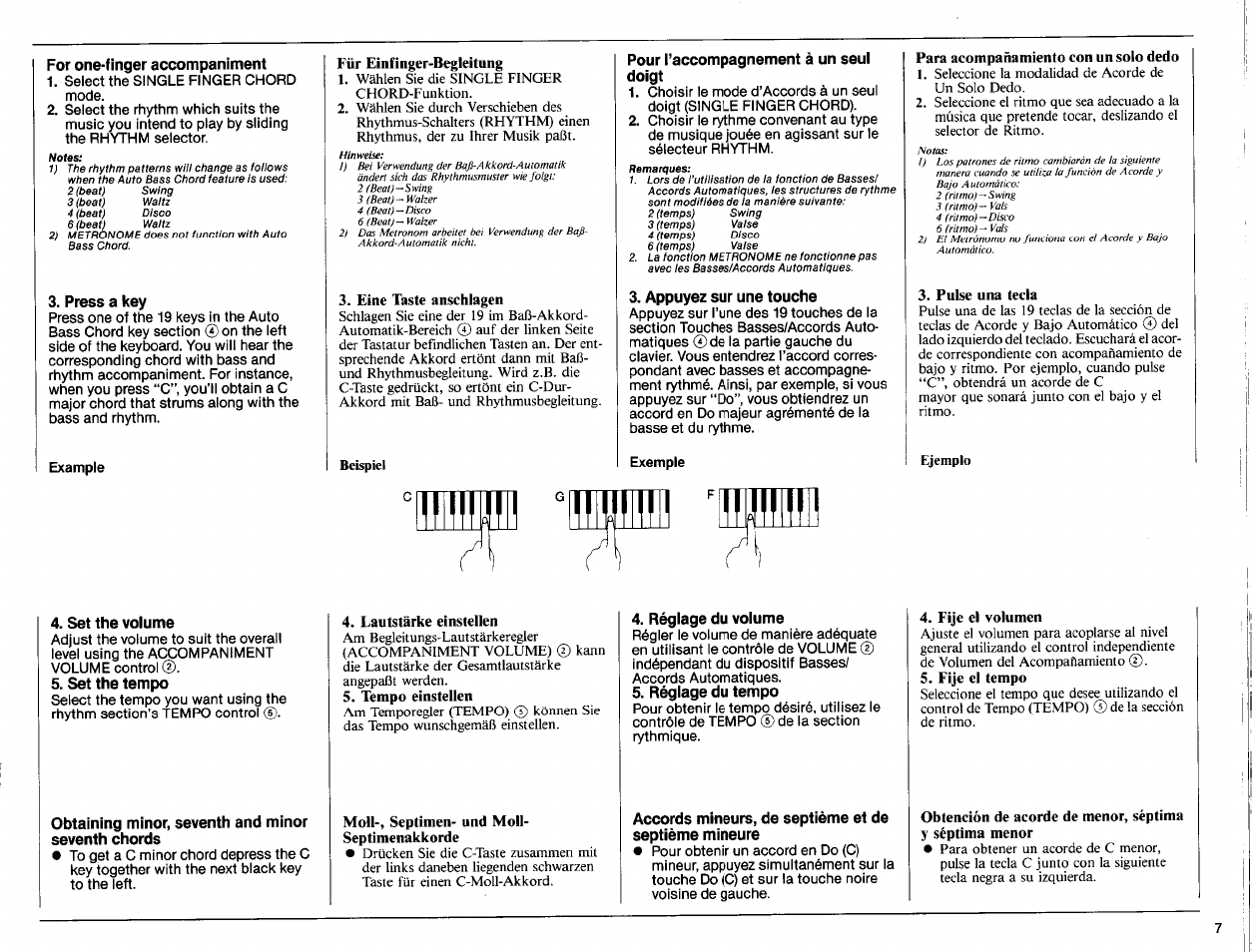 For one-finger accompaniment, Press a key, Pour l’accompagnement à un seul doigt | Appuyez sur une touche, Set the volume, Set the tempo, Obtaining minor, seventh and minor seventh chords, Réglage du volume, Réglage du tempo | Yamaha PSR-15 User Manual | Page 9 / 16