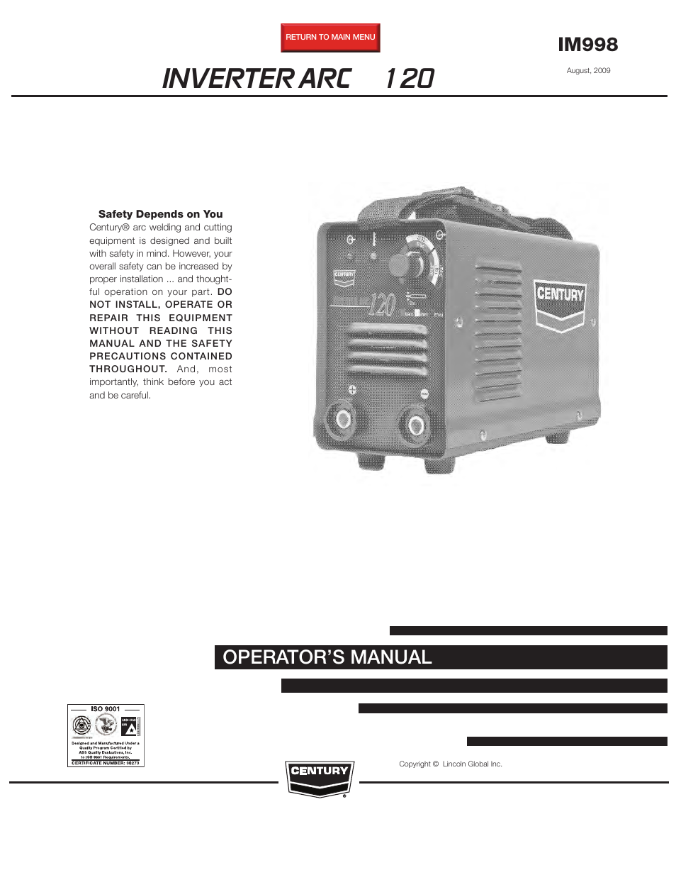 Lincoln Electric IM998 INVERTER ARC 120 User Manual | 24 pages