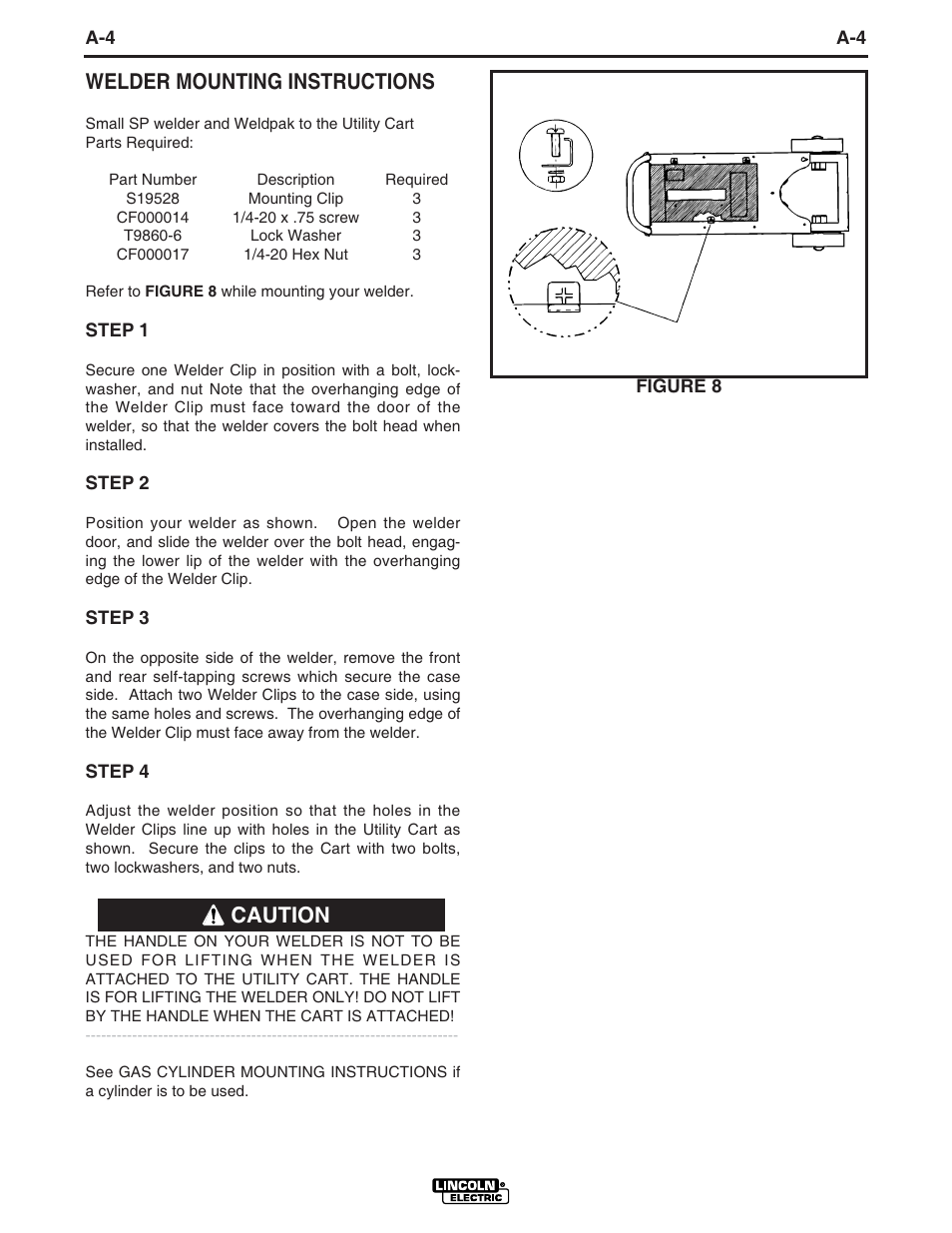 Welder mounting instructions, Caution | Lincoln Electric IM468 K520 Utility Cart User Manual | Page 10 / 16