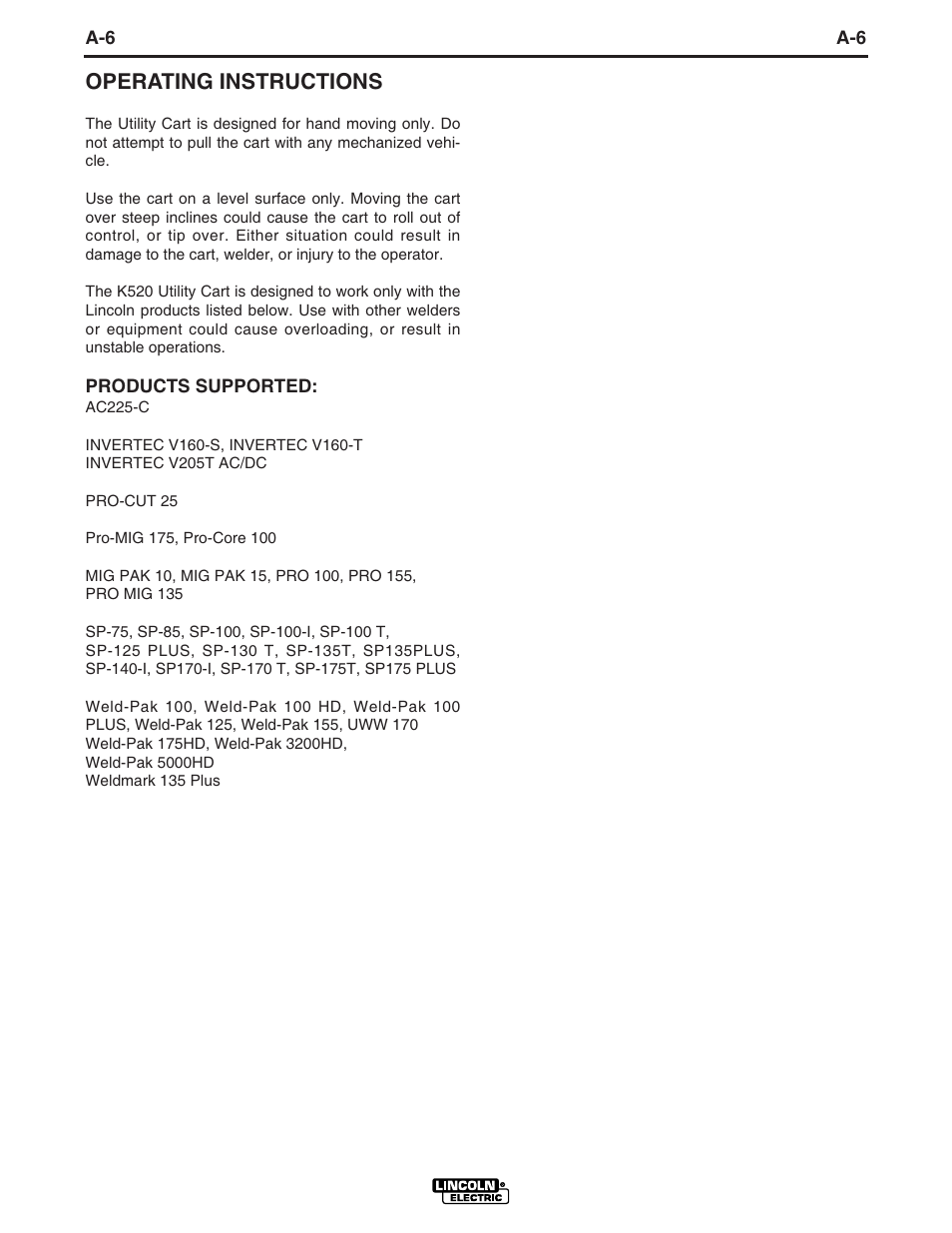 Operating instructions | Lincoln Electric IM468 K520 Utility Cart User Manual | Page 12 / 16