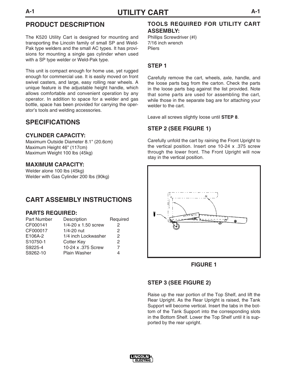 Utility cart, Product description, Specifications | Cart assembly instructions | Lincoln Electric IM468 K520 Utility Cart User Manual | Page 7 / 16