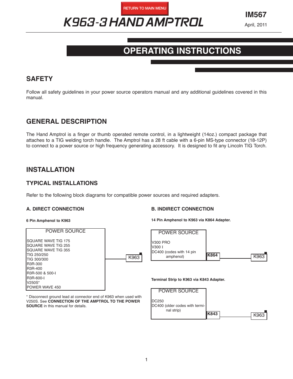 Lincoln Electric IM567 K963 Hand Amptrol User Manual | 4 pages