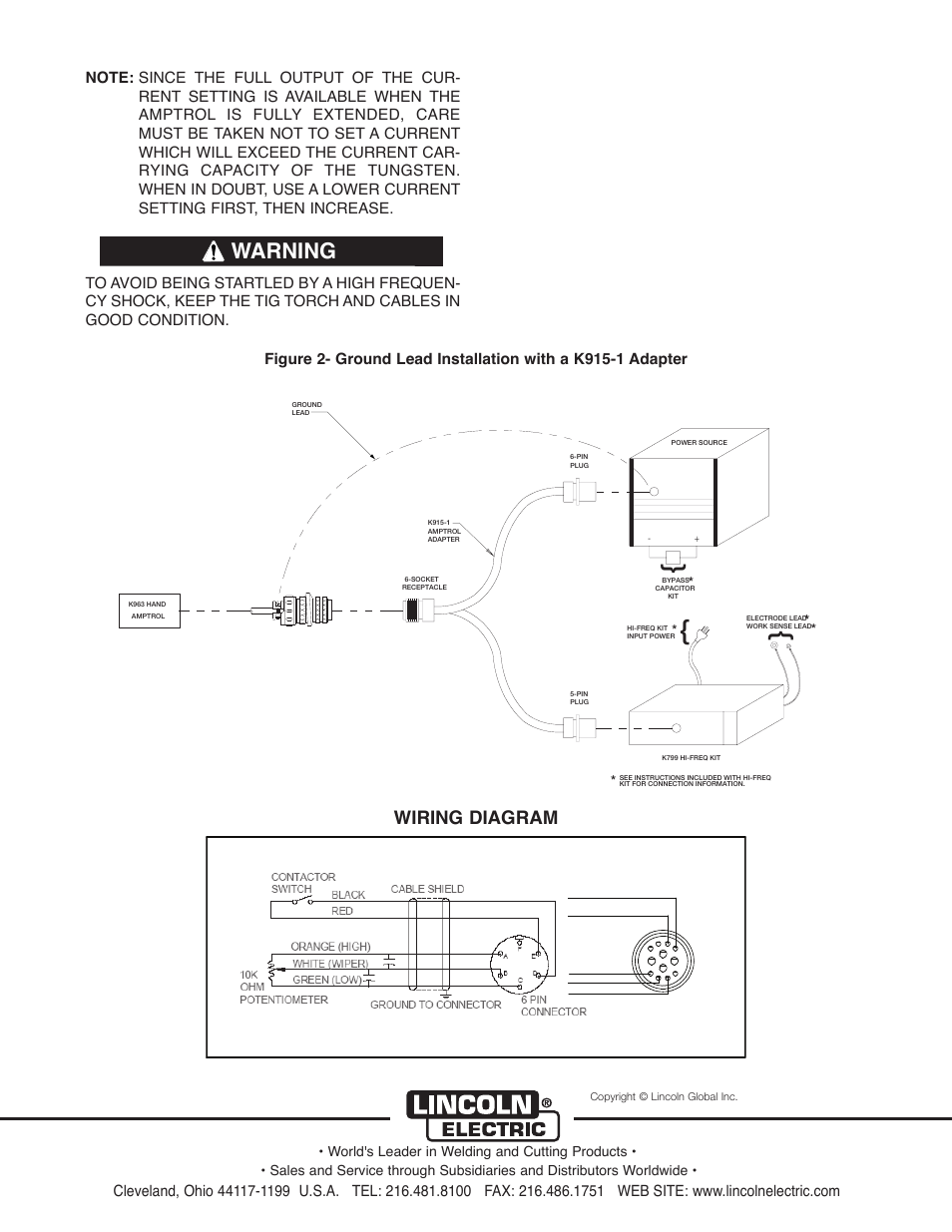 Warning, Wiring diagram, World's leader in welding and cutting products | Lincoln Electric IM567 K963 Hand Amptrol User Manual | Page 4 / 4